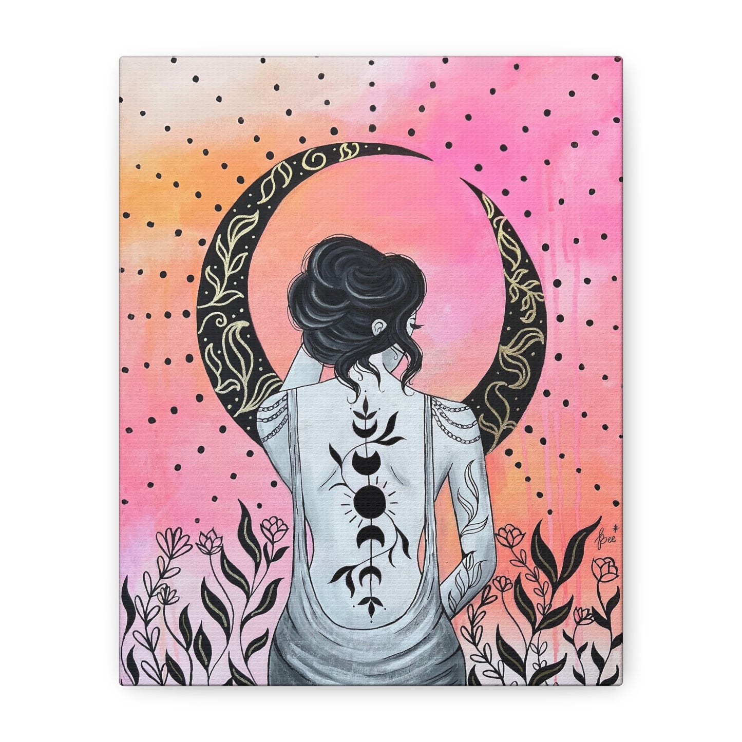 Black FLoral Moon Goddess Canvas Print
