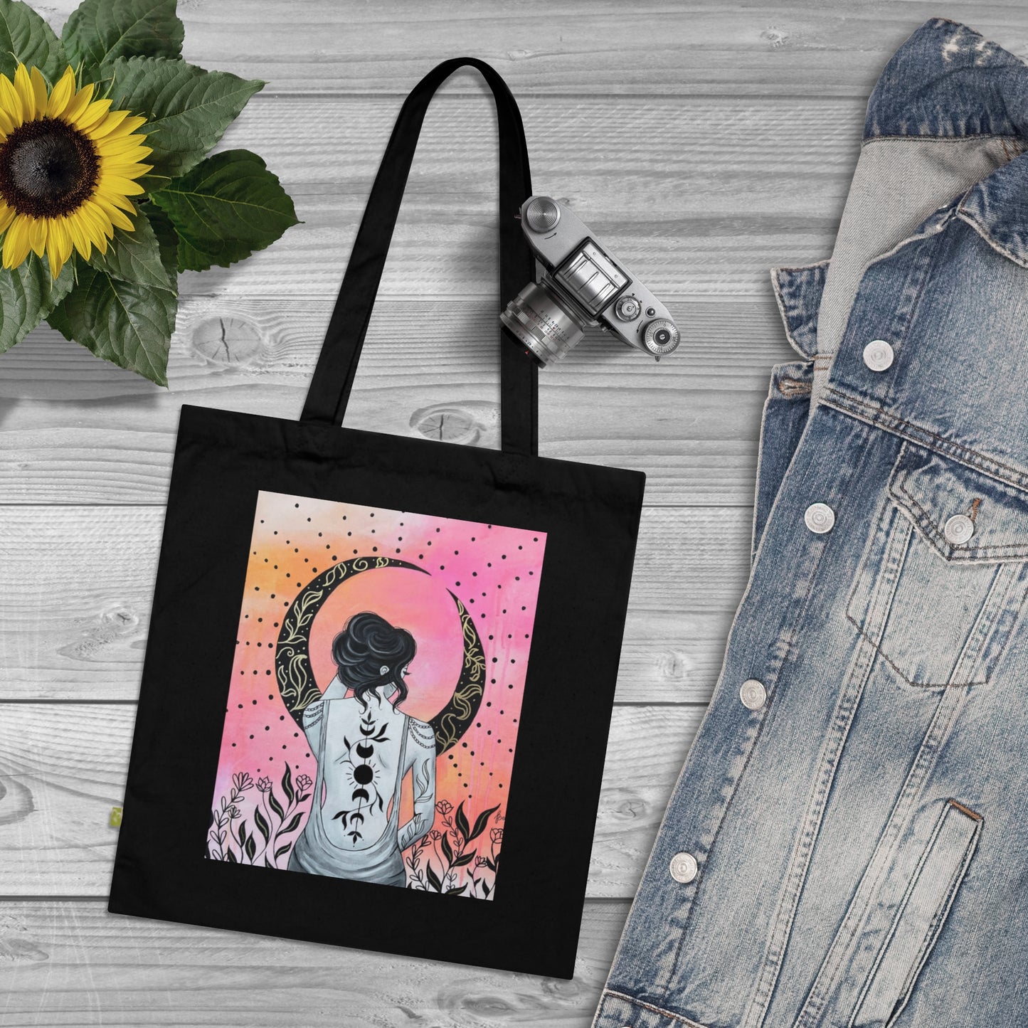 Black Floral Moon Organic Cotton Tote Bag