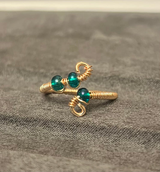 Green Bead Wire Wrapped Ring