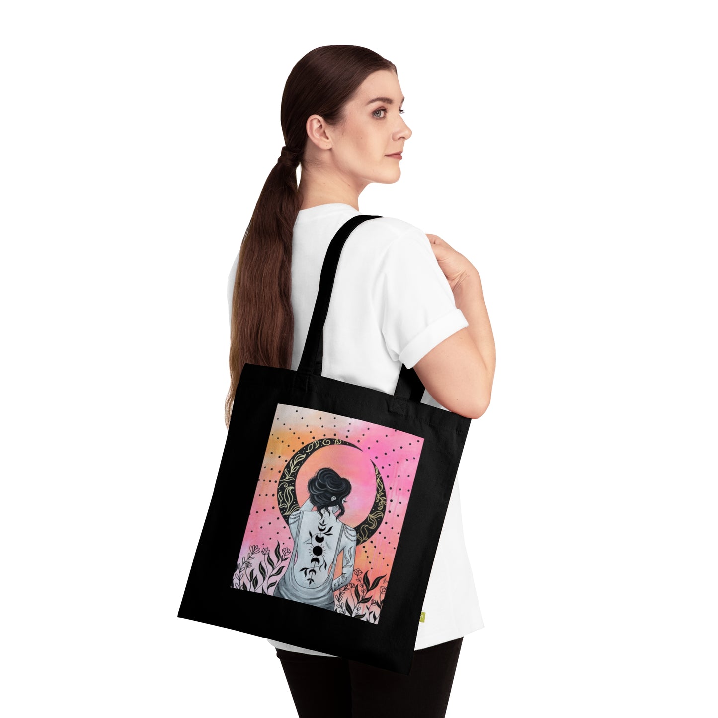 Black Floral Moon Organic Cotton Tote Bag