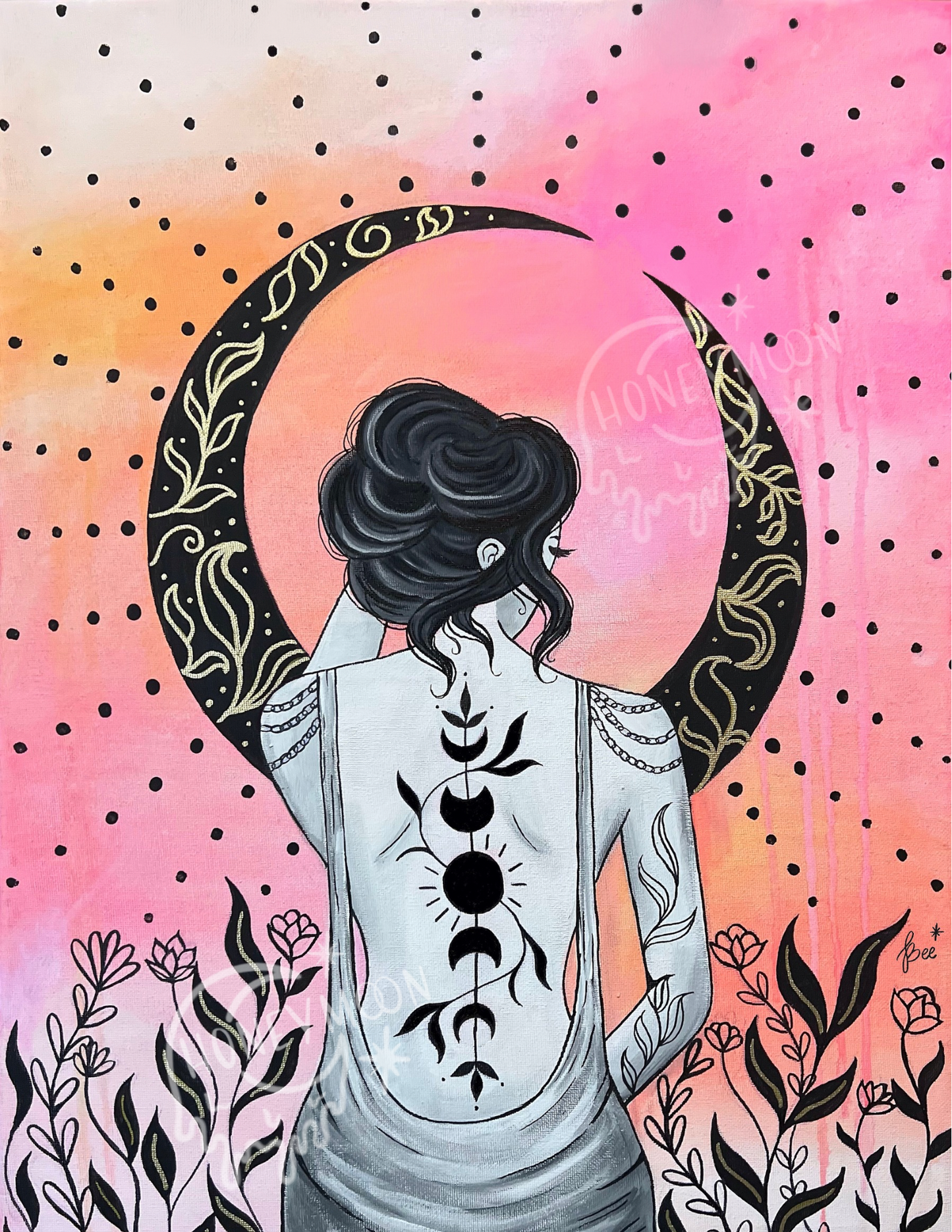 Black Floral Moon Original Painting