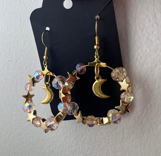 Pink and gold celestial hoop earrings