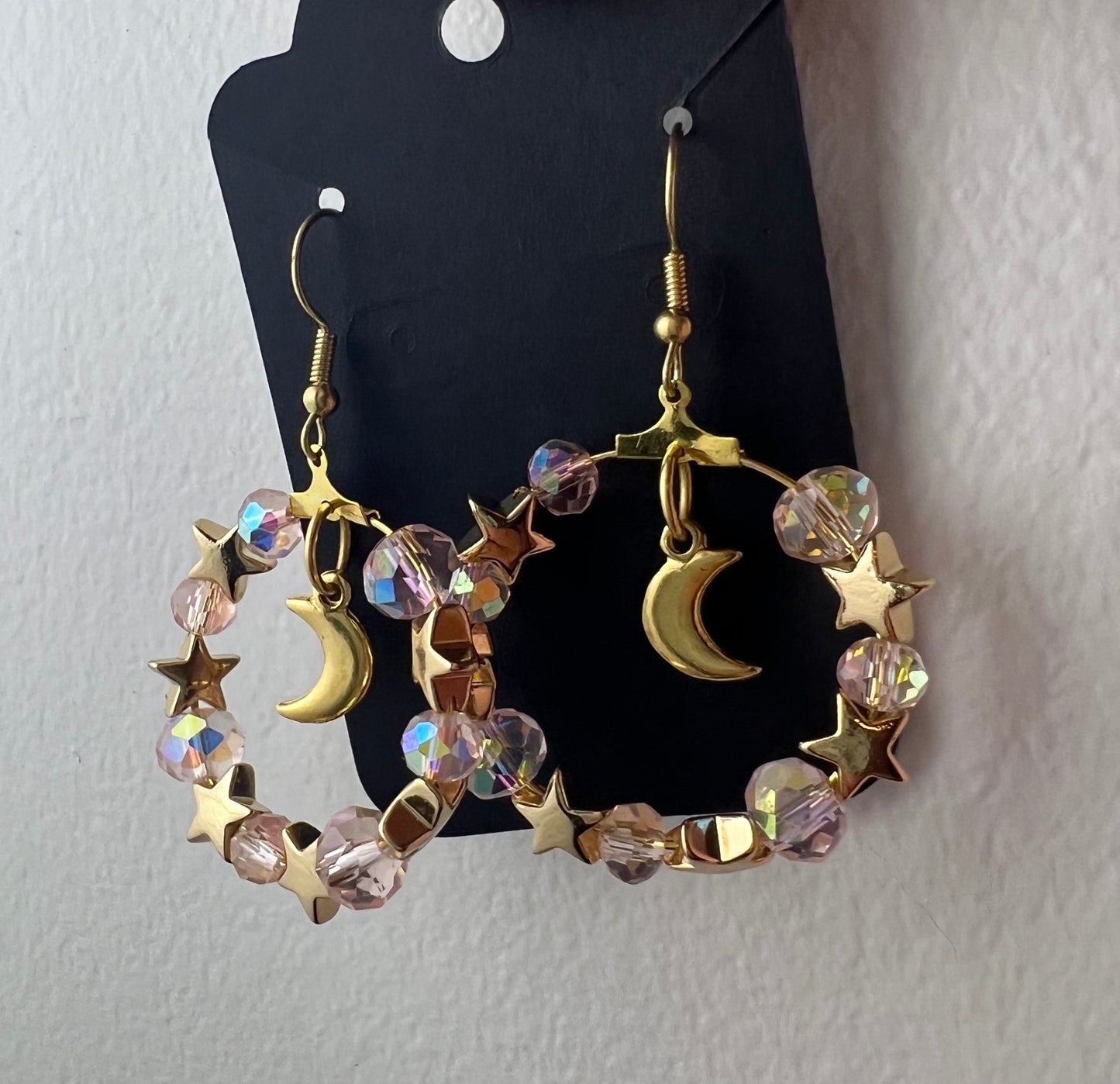 Pink and gold celestial hoop earrings