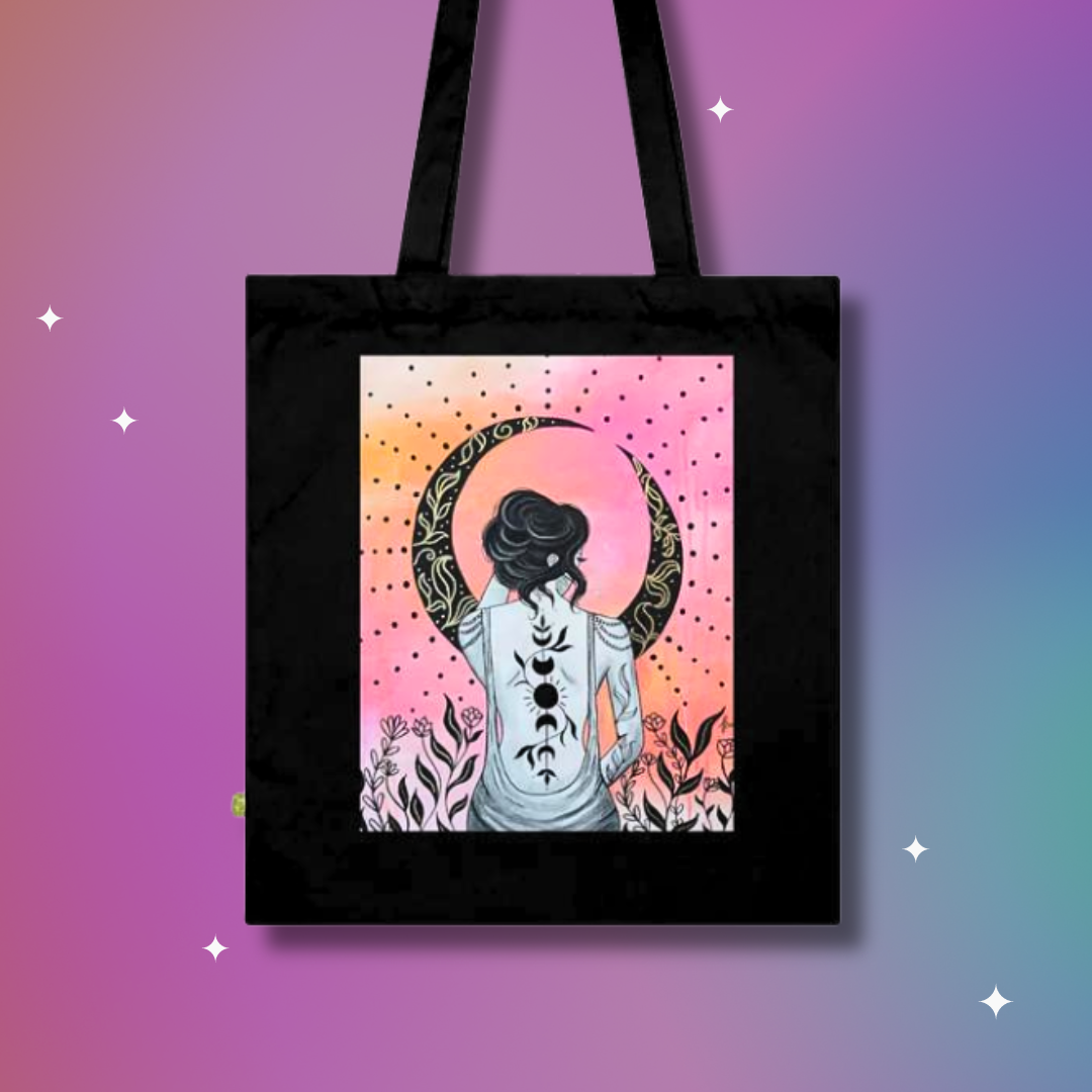 Black Floral Moon Organic Cotton Tote Bag