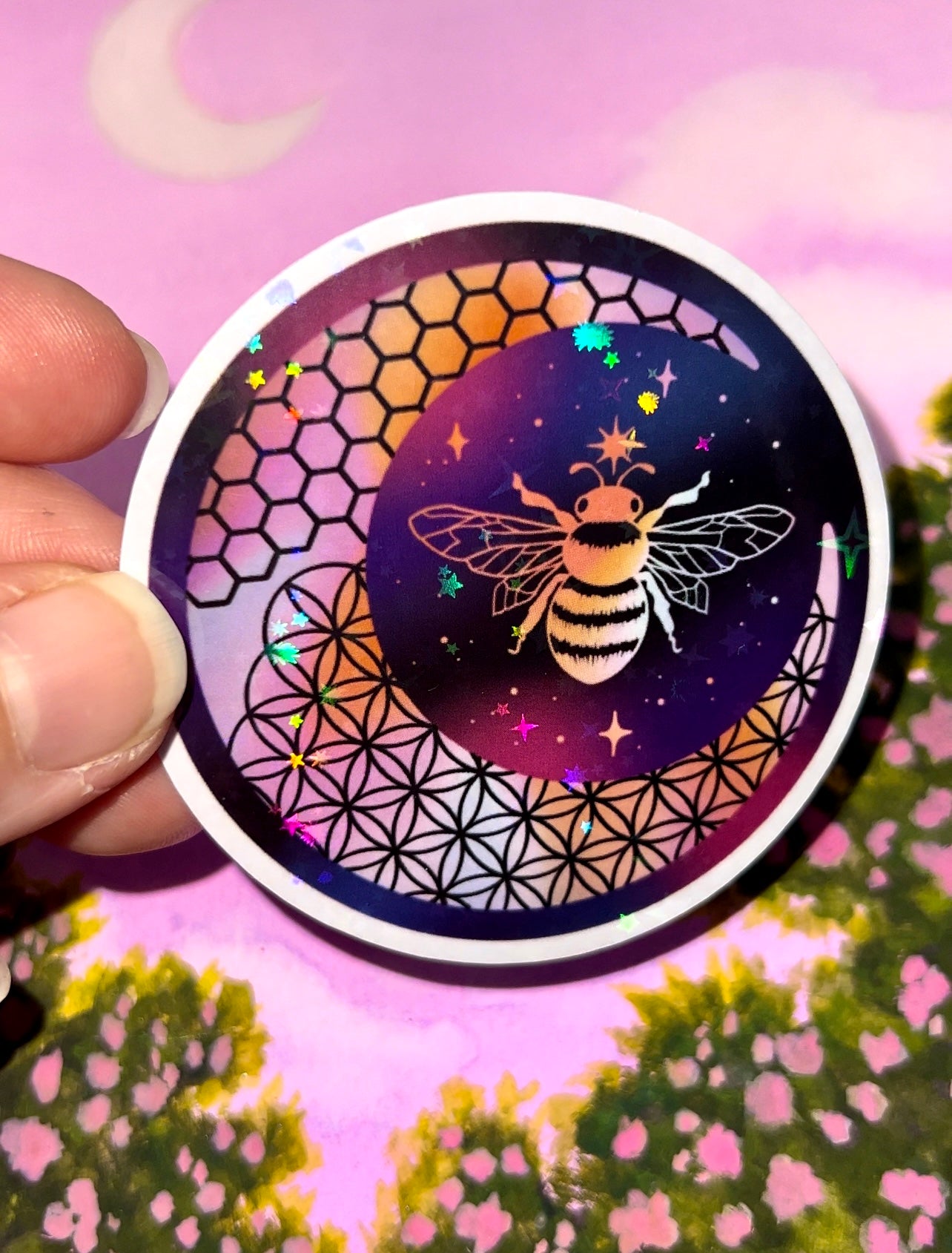 Holographic Sacred Moon Bee Sticker
